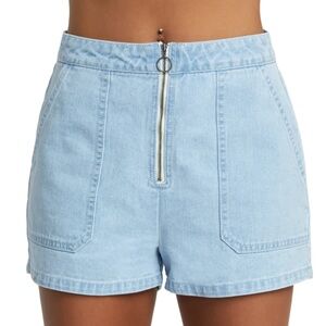 100% Cotton RVCA Goldie Light Blue High Rise Denim Zip-Up Shorts Size 29